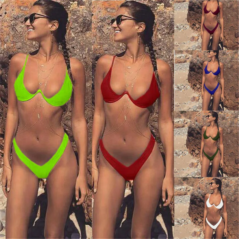 

Sexy V-bar Underwired Bikini 2021 Female Swimsuit Women Swimwear Two-piece V shape Wire Bikini set Bather Bathing Suit Swim