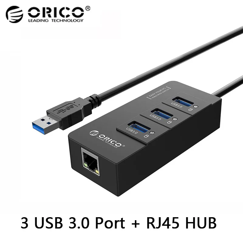 

ORICO HR01-U3 3 Ports Super Speed USB3.0 HUB Splitter with External RJ45 Gigabit Ethernet Network Card 5Gbps Black For Laptop