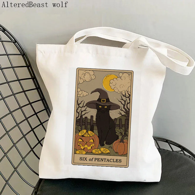 

Women Shopper bag Six of Pentacles cat Tarot Kawaii Bag Harajuku Shopping Canvas Shopper Bag girl handbag Tote Shoulder Lady Bag