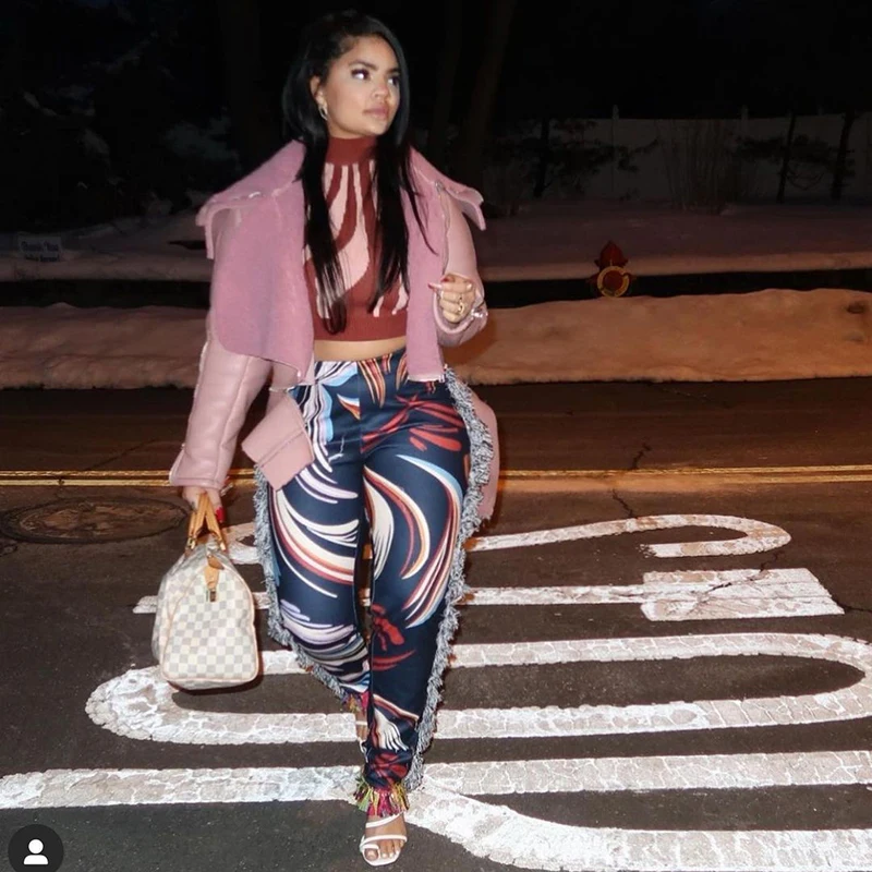 

Женские прямые брюки в полоску, с высокой талией и кисточками