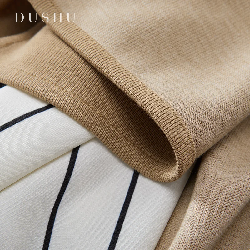 

DUSHU Patchwork knitted striped midi dress Women long sleeve loose elegant dress Plus size spring autumn v neck vintage dress
