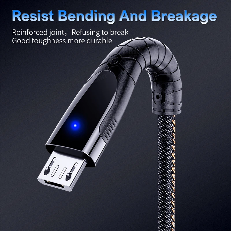 3A микро USB кабель светодиодный свет деним цинковый сплав Быстрая зарядка для Samsung
