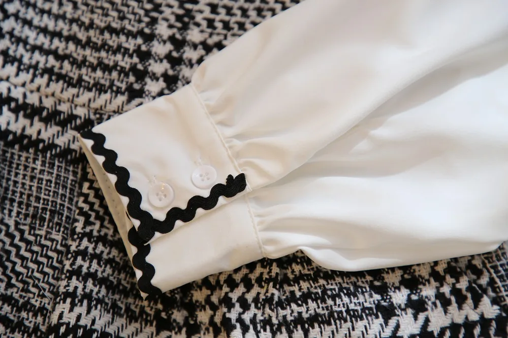 Милая Белая шифоновая блузка с бантом и жемчугом рубашка + Клетчатая Шерстяная