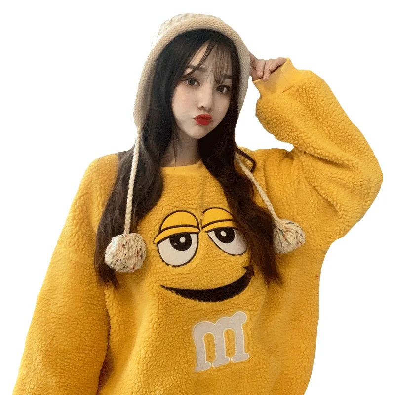 [EWQ] Autumn New Thickening Keep Warm Pullovers Knit Tops Full Sleeve Plus Size Smile Lamb Fur Winter Lady Sweatshirt QL556