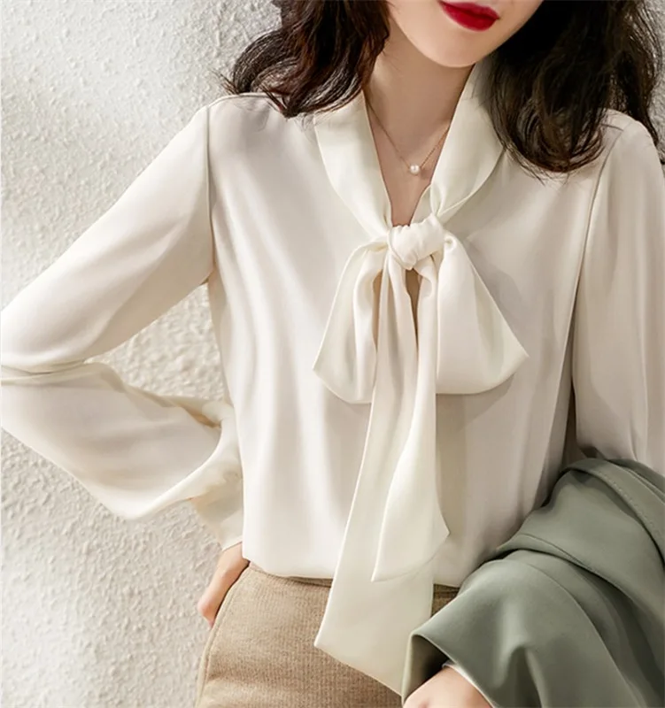 

Elegant and feminine long-sleeved solid color shirt temperament spring and autumn blouse women