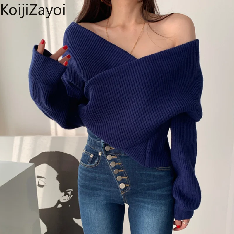 

Koijizayoi Women Sexy Sweater Slash Neck Korean OL Elegant Loose Jumpers Fall Winter New 2021 Solid Pullovers Dropshipping Tops