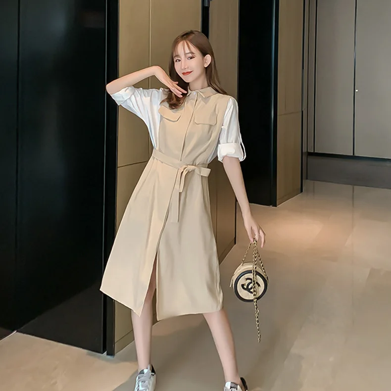 Осень 2019 г. новая модная рубашка с длинными рукавами и отстрочкой на талии dress-0wp78