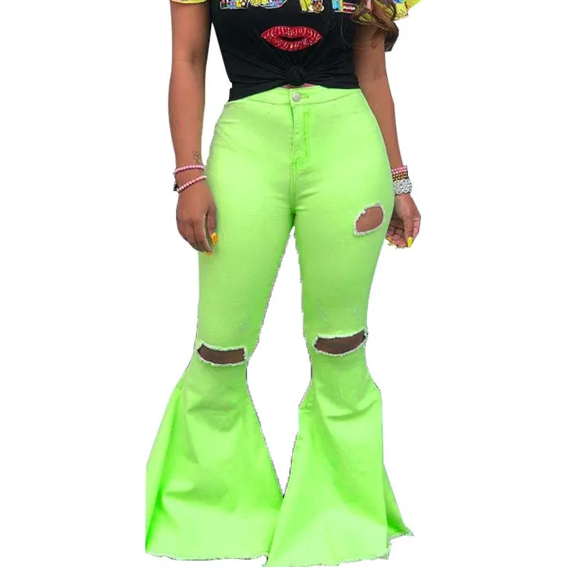 Узкие рваные джинсы с завышенной талией женские расклешенные брюки модные из