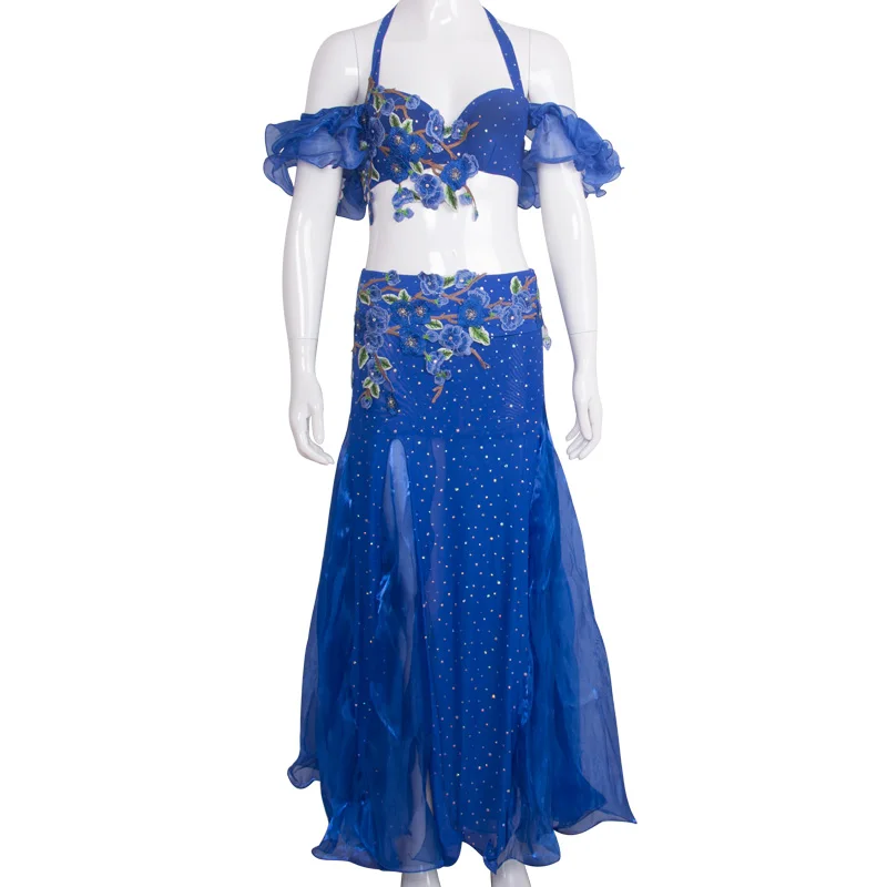 Blue-3pcs set Новая взрослая женские живота Танцы костюм живота Танцы юбка для выступлений на сцене 2/3 шт. бюстгальтер, пояс, юбка дети живота одежда - Цвет: Blue-3pcs set