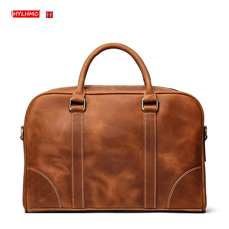 Genuine Leather Men Handbags Portable Briefcase Shoulder Messenger Bag Large Capacity Laptop Bag Top Layer Cowhide Leather 14