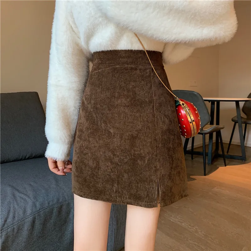 

2020 Autumn & Winter Korean New High Waist Slimming Corduroy Sexy Split Simple Solid Color Women A-line Mini Skirt Free Shipping