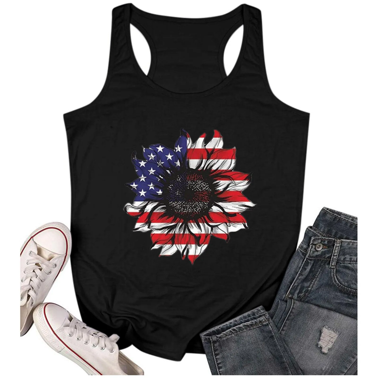 

50# Boho Sleeveless Tank Blouses Shirts Women Summer National Flag Printed Racerback Tops Blouse Camisole Blouses Femme