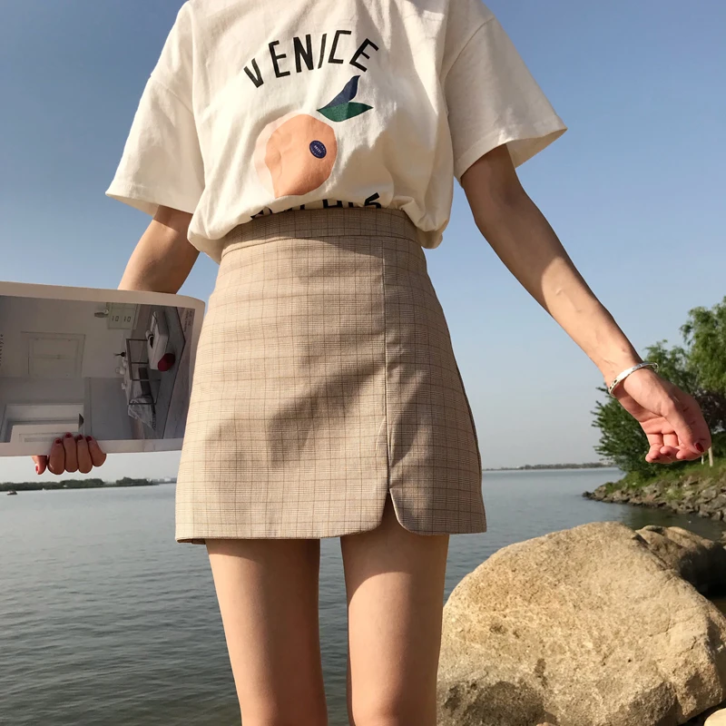 Юбки Женские повседневные тонкие розовые клетчатые юбки Kawaii с высокой талией Мини женские s корейский стиль Женский брелок для ключей в стиле ретро универсальные простые