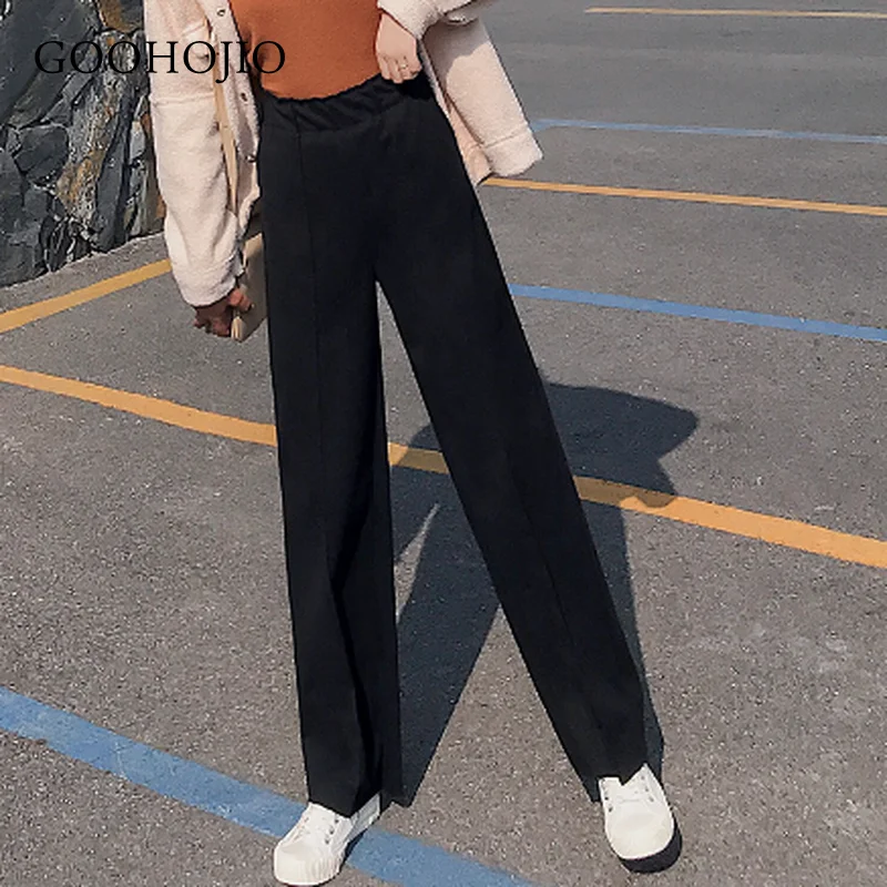 

GOOHOJIO 2020 New Autumn Solid Color Thick High Waist Loose Wide Leg Woolen Cloth Pant Women Casual Pants Ladies Women Trousers