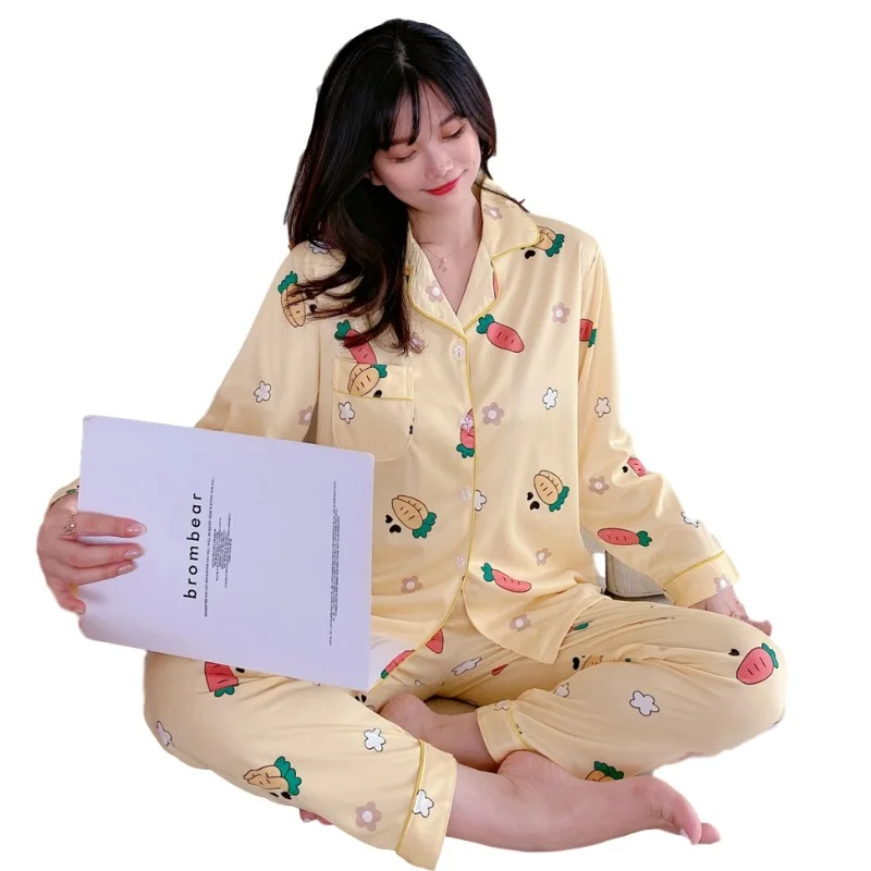 

New Women Pajamas Sets With Pants Long Sleeve Turn-down Collar Cute Cartoon Button Student Wear Casual Pajamas Suit