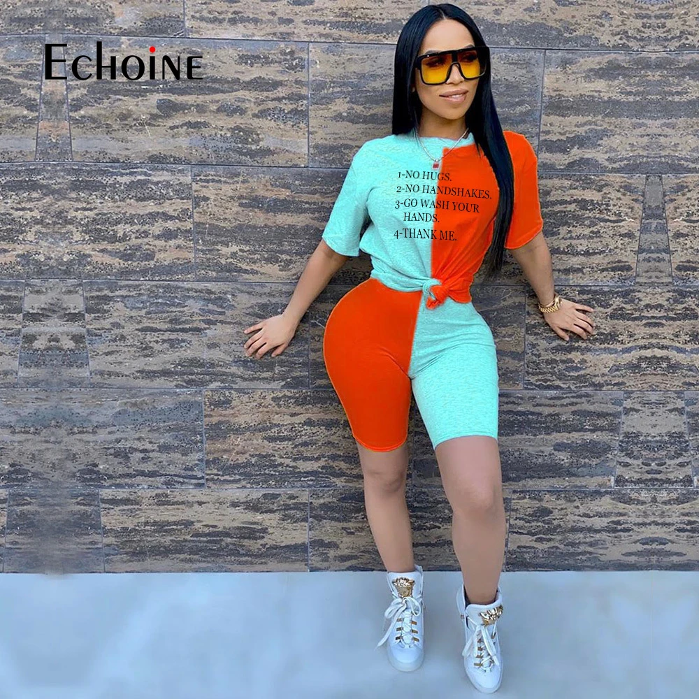 

Echoine 2020 Summer Letter Print Round neck 2 Piece Set Women Patchwork Tops And Biker Shorts Suits Streetwear Matching Sets