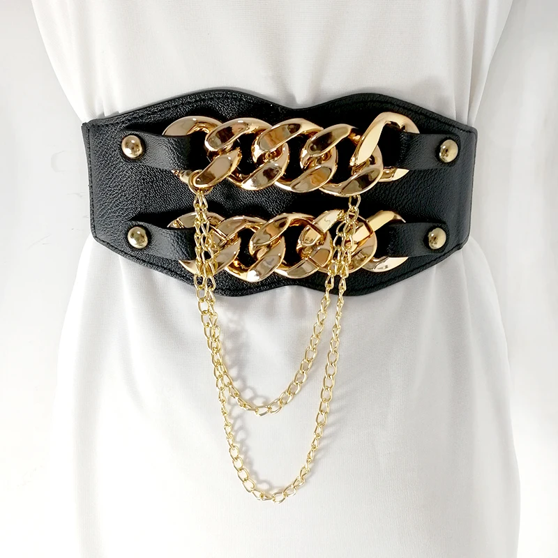 Gold Chain Belts For Women High Quality Tassel Metal Wide Stretch Cummerbunds Plus Size Big Corset Belt Dress Waistband