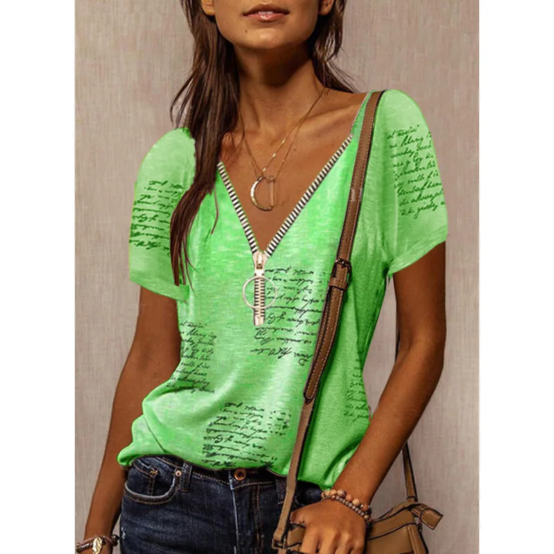 

Women T-Shirt Fashion Urban Leisure New Loose Zipper Pullover V-Neck Printing Irregular Stitching Short-Sleeved Top 2021 Summer