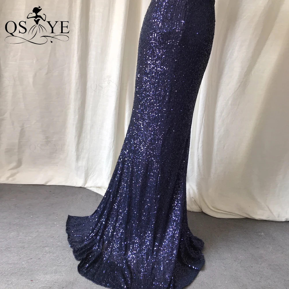 

Mermaid Navy Evening Dresses Spaghetti Straps Cheap Prom Gown Sequined Elegant Party Dress Glitter Ruched Sexy V Neck Women Gown