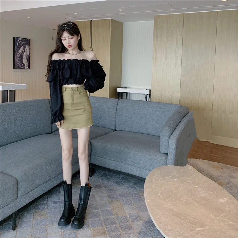 

New Sweet Skirt Suits Slash Neck Ruffle Long Sleeve Shirt Short Blouse + High Waist Denim Skirt Two Piece Set Women's Outfits