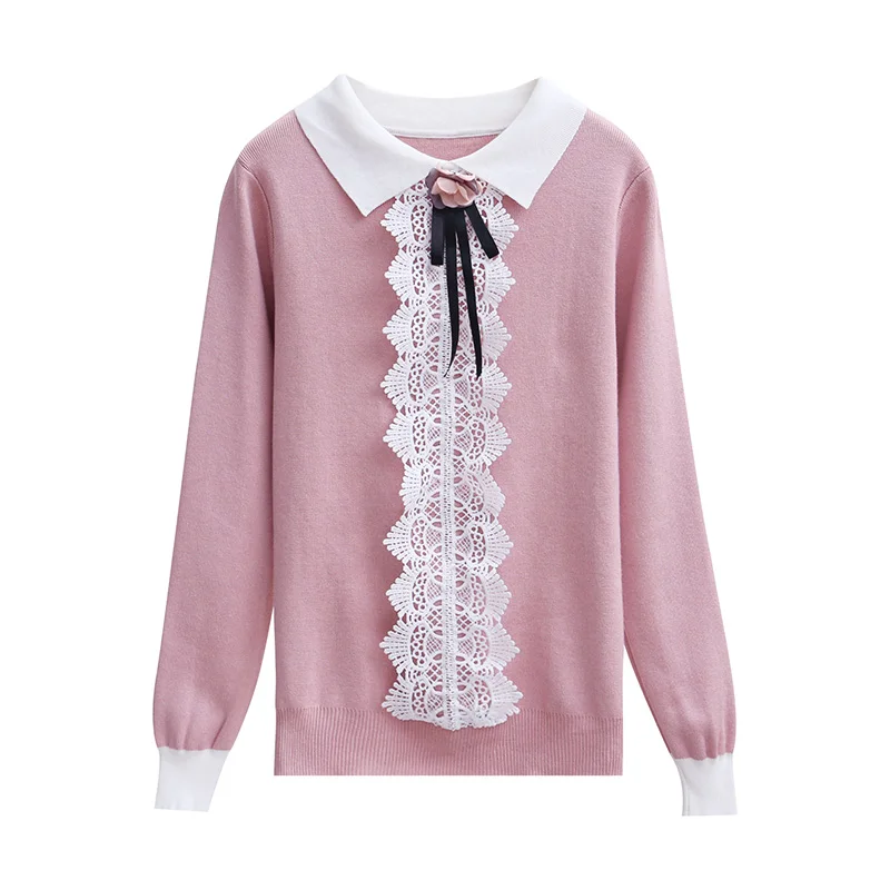 

Fashion autumn new Korean knitting loose wild striped lace stitching sweater