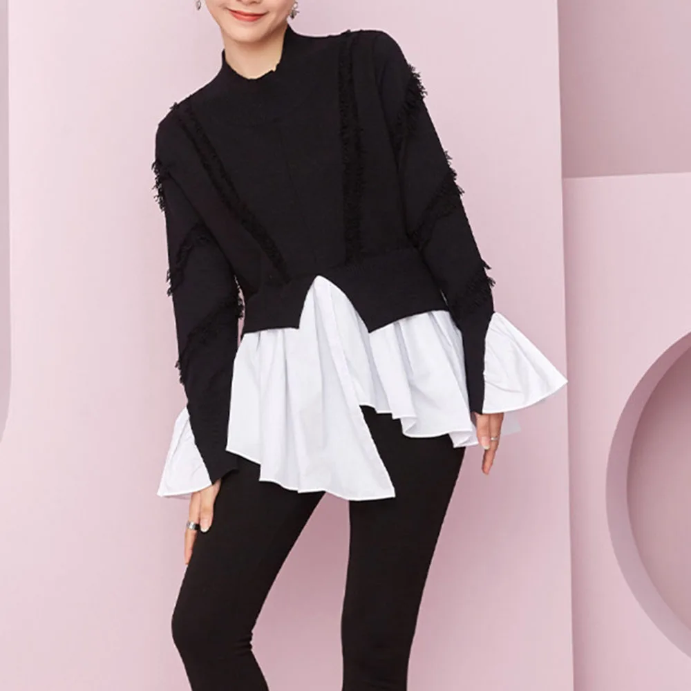 

Fashion Sweater Women 2021 Autumn Simple Color Block Long Sleeves Female Asymmetric Knitted Clothes Casual Loose Tops Sweaters