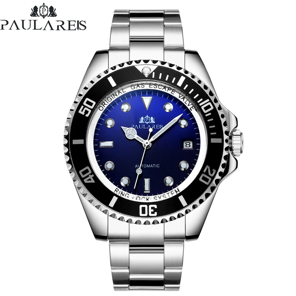 Automatic Self Wind Mechanical Stainless Steel Strap Gold Silver Gradient Black Blue Dial Date Business Men Watch