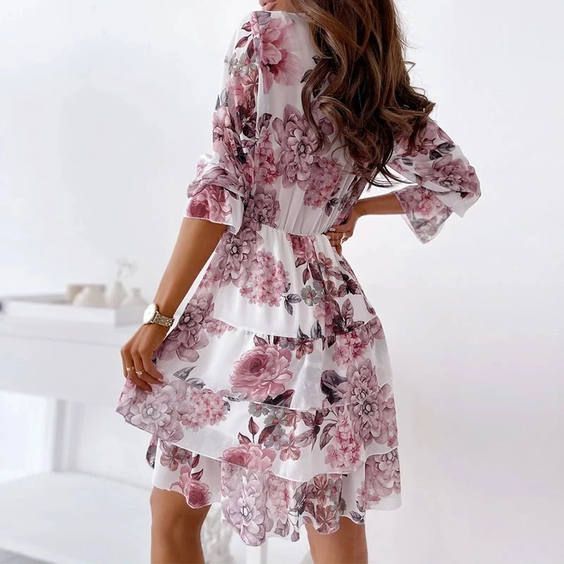 

New 2021 Women Spring Fashion Ruffles Flower Print Dress Boho Summer Half Sleeve Office Shirt Dress Female A Line Party Vestidos