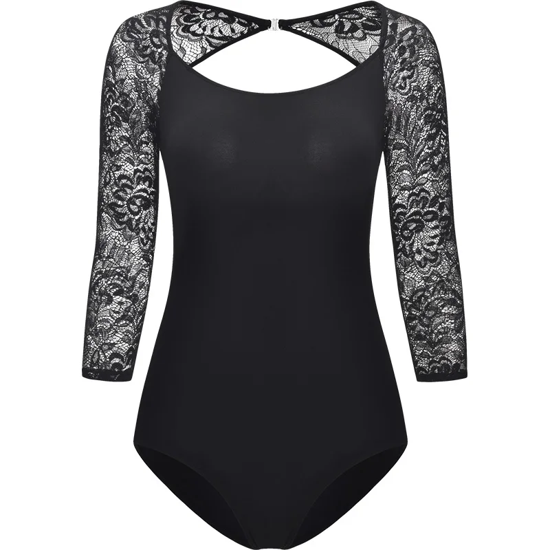 

2021 Lace Sleeves Ballet Leotard Tutu Dance Bodysuit Black Swan Costume American Gymnastics Clothing Practice Performing Wear