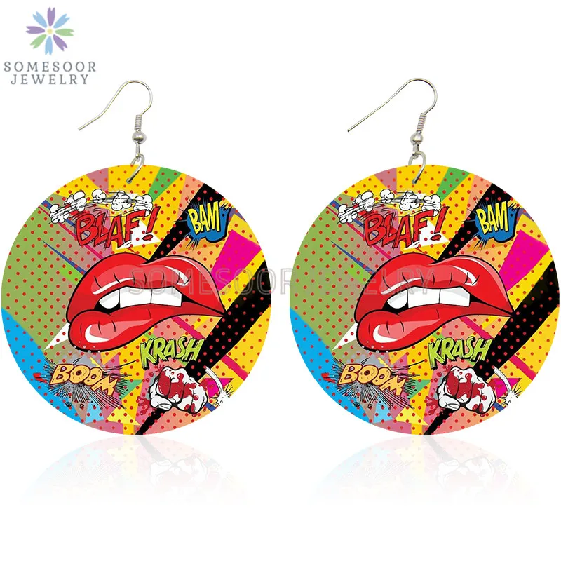 SOMESOOR Love U Kiss Me Lips Comics Bubble Prinetd деревянные серьги подвески LOL WOW Boom Стикеры с принтом