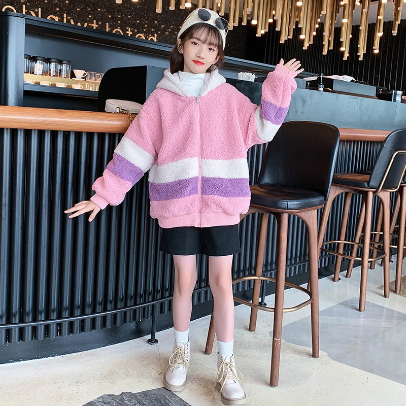 

Contrast Color Stripe Zip Children Hoodies Spring Fall Warm Children Outwear Kid Girl Casual Sport Wadded Jacket Teen Heavy Coat