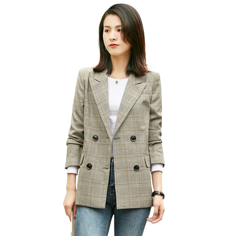 

Office Ladies Notched Collar Plaid Women Blazer Double Breasted Autumn Jacket 2021 Casual Pockets Female Suits Coat grid