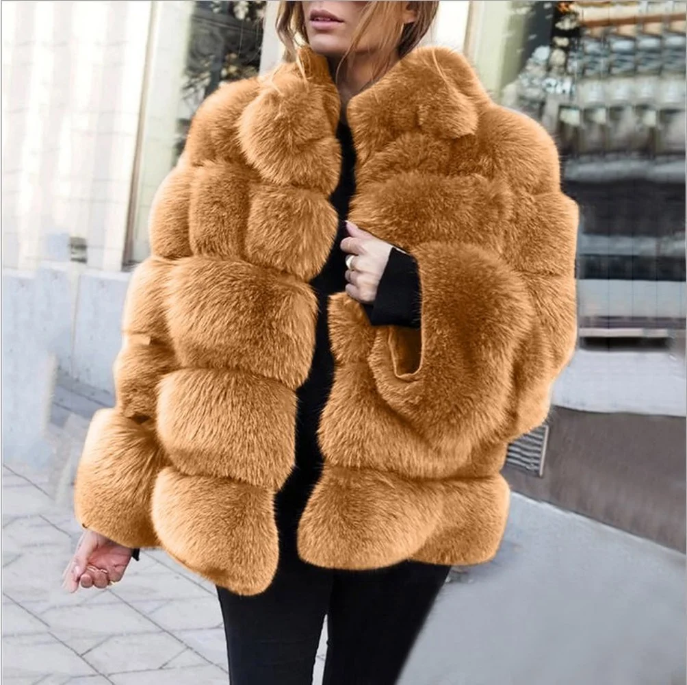 2021 Fall Vintage Lady Warm Winter Fluffy OverCoats Short Clothes Plus Size Faux Fur Coat Women Spliced Artificial Jacket | Женская