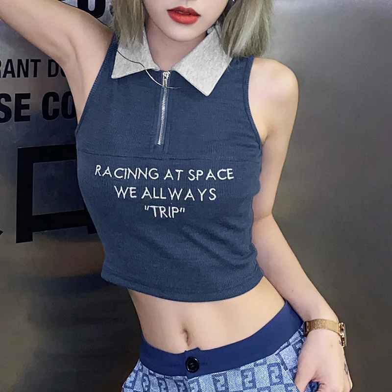 

Women's Lapel Tank Tops, Sexy Sleeveless Letter Embroidery Zip Front Slim Fit Crop Tops