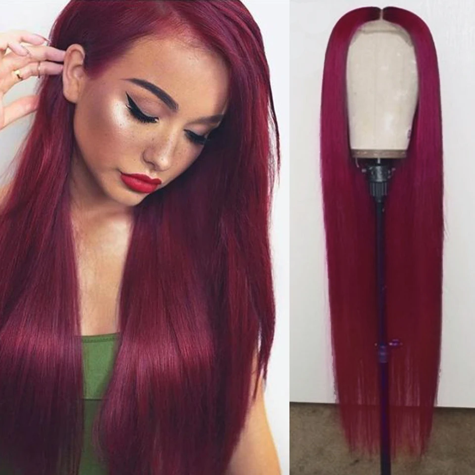 

HairUGo Burgundy Red Straight Human Hair Wigs 99J 4x4 Closure Wigs Peruvian Remy Preplucked Colored Straight Wigs For Women 180%