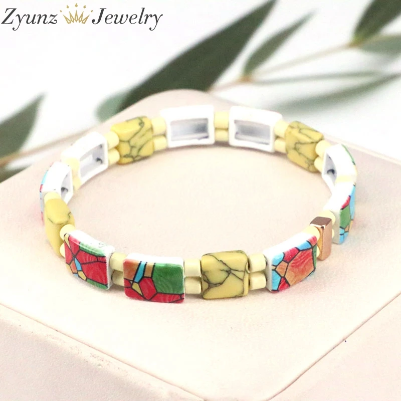 

5PCS, Handmade Multi Color Natural Stone Square Beads Enamel Tila Bracelet Women Girls Bracelets Gifts