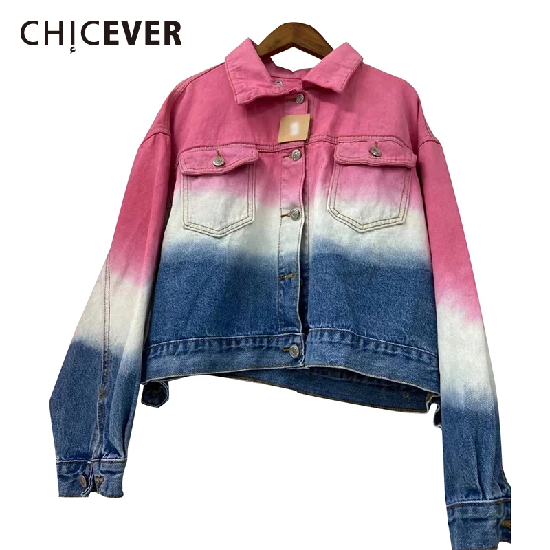 

CHICEVER Denim Coats For Women Lapel Long Sleeve Hit Color Loose Patchwork Hit Color Oversized Casual Jackets Female 2021 Spring