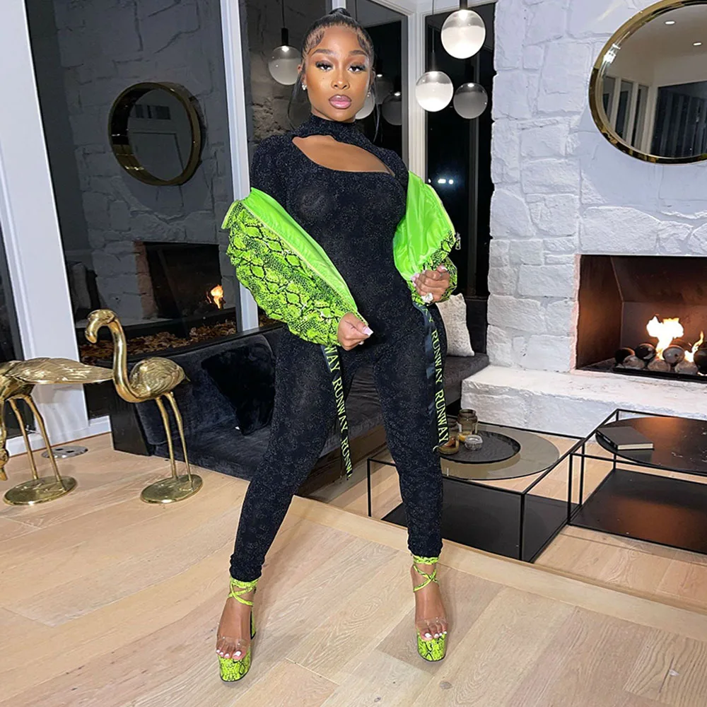 

Shiny Leopard Patchwork Fitness Casual Romper Women Jumpsuit Long Sleeve Street Style 2022 Cut Out Hollow Party Clubwear Outfit