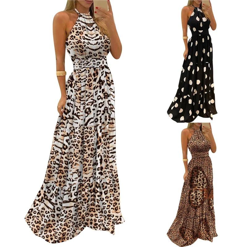 

Women Summer Maxi Dress, Leopard Print/Butterfly/Polka Dot Halter Neck Backless Full-Length Skirt for Party, S-XL