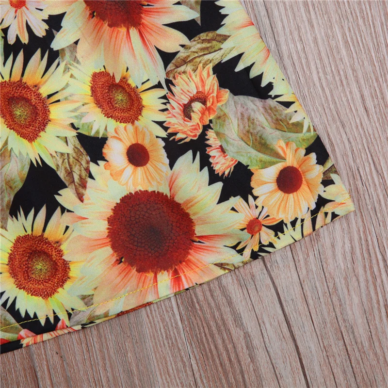 

One-Piece Suit Summer Fall Casual Clothes Kids Girl Sunflower Print Dress Round Collar Lace White Short Sleeve