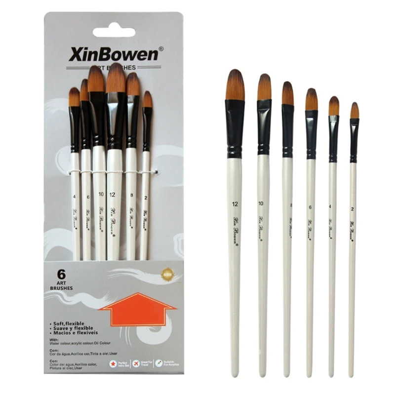 

6Pcs/Pack Portable Nylon Brushes Wood Handle Pro Artist Paint Brushes Set for Beginners Kids Adults Painting Coloring