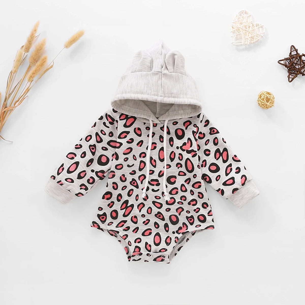 

2020 Toddler Babies Romper Autumn Long Sleeve High Collar Leopard Printing Hoodie Romper One Piece Jumpsuit Baby Clothes 0-12M