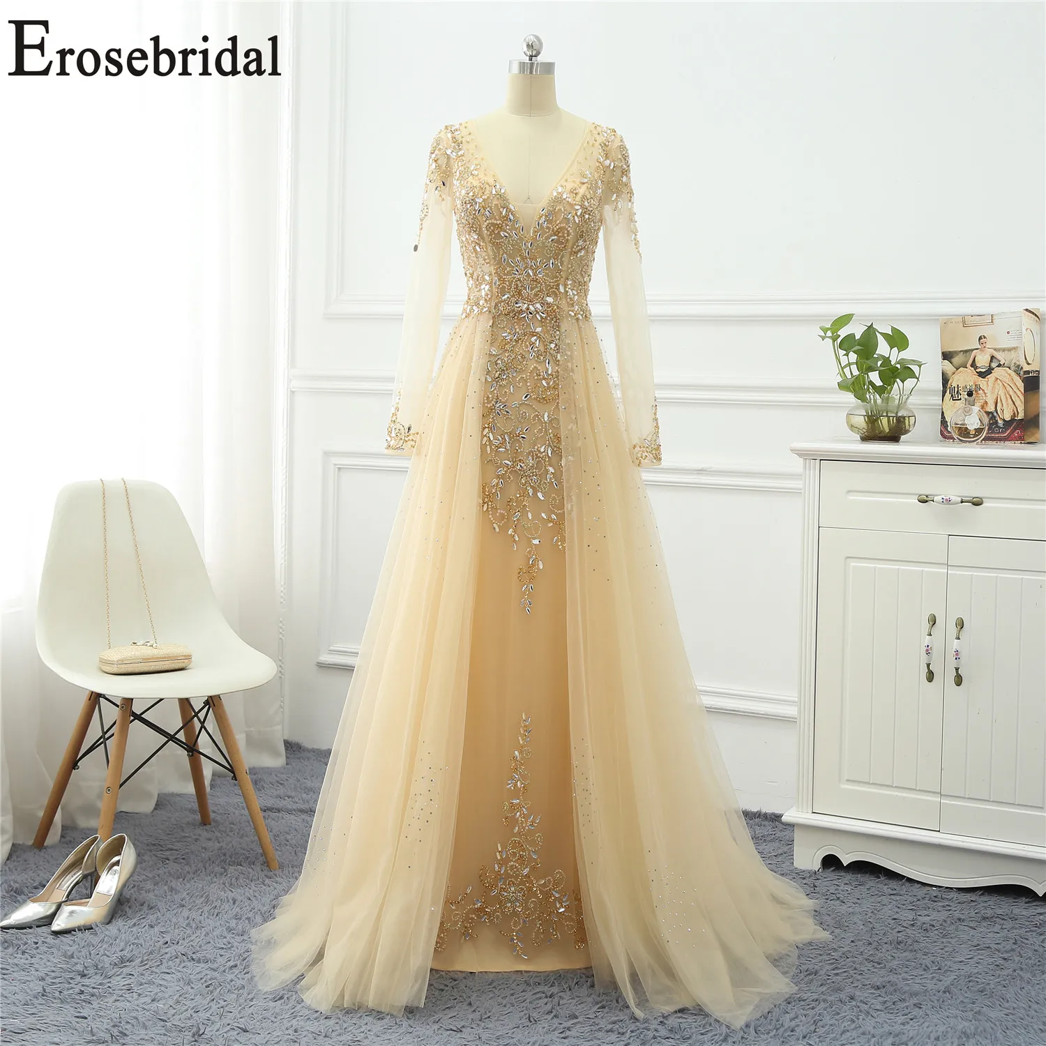 Erosebridal платья с длинным рукавом для особых случаев для женщин вечернее платье Длинные официальные платья вечерние платья тюль ткань с бисером