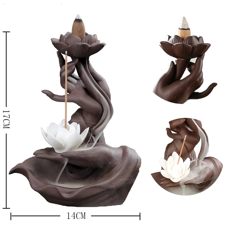 

Zen Buddha Hand Incense Burners Backflow Incense Burner Holder Lotus Home Decor Joss Stick Aroma Tower Censer Home Decoration