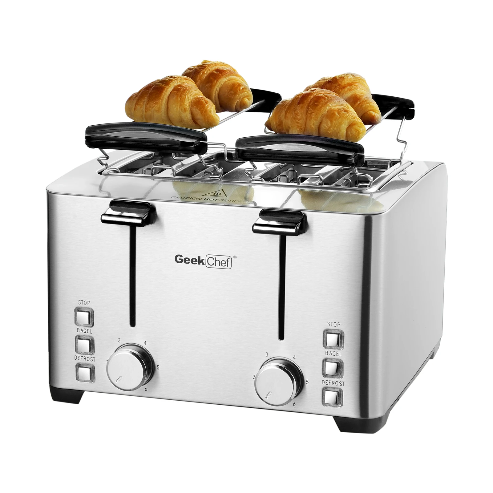 

Toaster 4 Slice, Geek Chef Stainless Steel Extra-Wide Slot Toaster with Dual Control Panels of Bagel/Defrost/Cancel Function