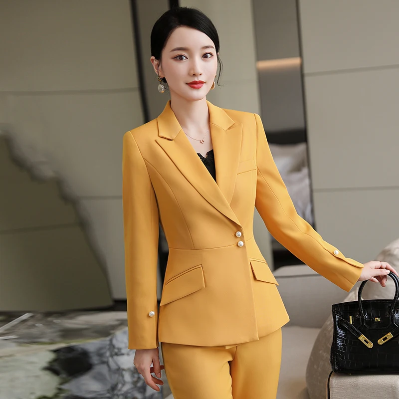 

Официальный Дизайн брюк костюмы для женщин деловая рабочая одежда осень зима элегантные желтые офисные профессиональные блейзеры брюки ко...