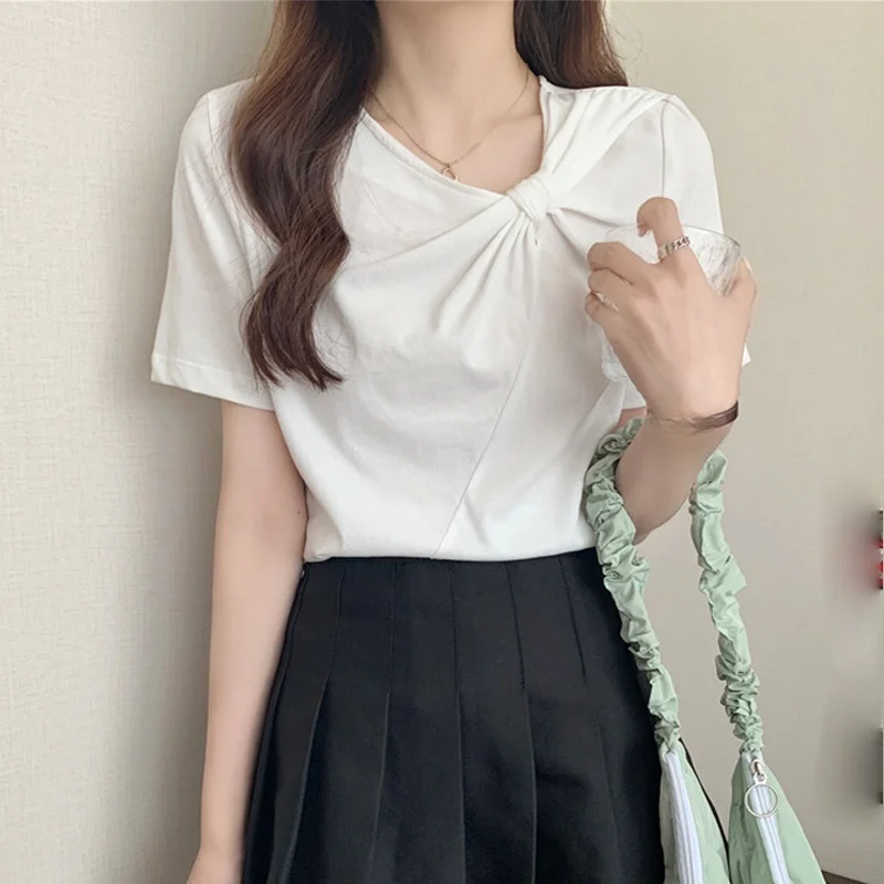 

Woman Tshirts Bow Summer New Female Tees Fashion Sweet Casual Loose Short Sleeve Korean Solid O-Neck Femme Tees S0227 Regular