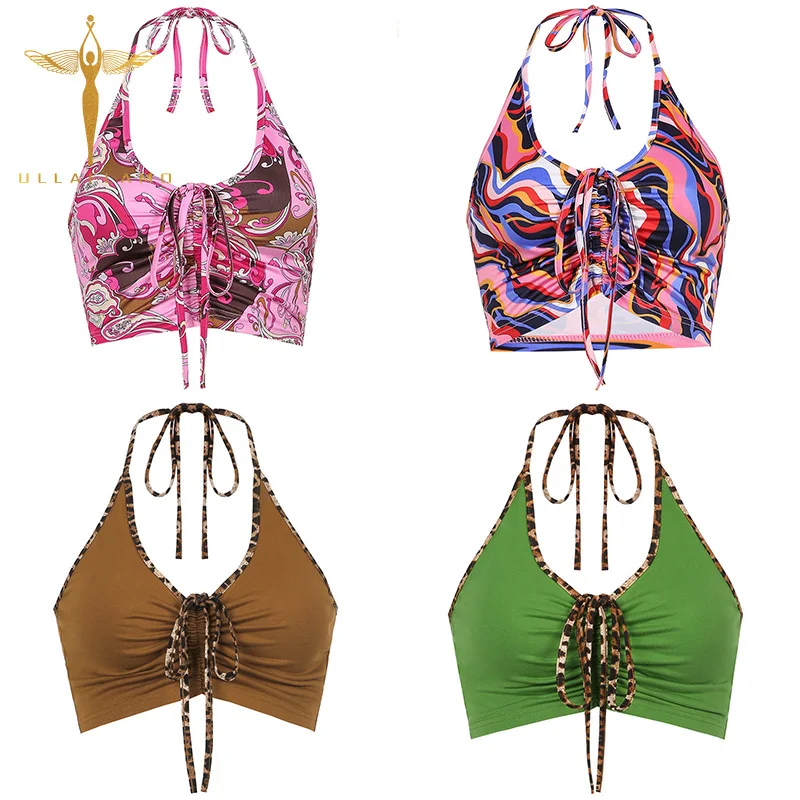 

Sexy Y2K Streetwear Camisole Femme Halter Shirring Backless Crop Top Bodycon Abstract Print Tank Top Women's Lace-Up Crop Tank