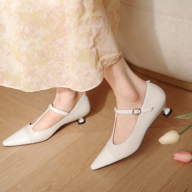 

Pumps Formal Vintage Style Cow Leather Splicing Pointed Toe T-tied Mid Heel Solid 3 Colors Daily Office Work Shoes