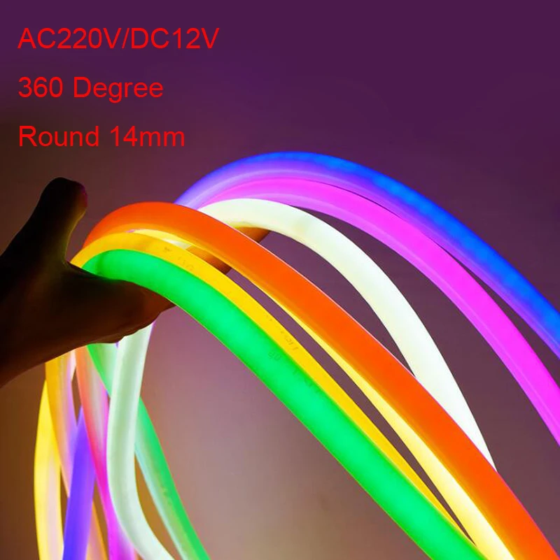 

Round Soft LED Neon Strip AC220V 240v DC12V 14mm Round Flex 120pcs 2835/m 360 Degree Lighting Neon Flexible Strip IP67